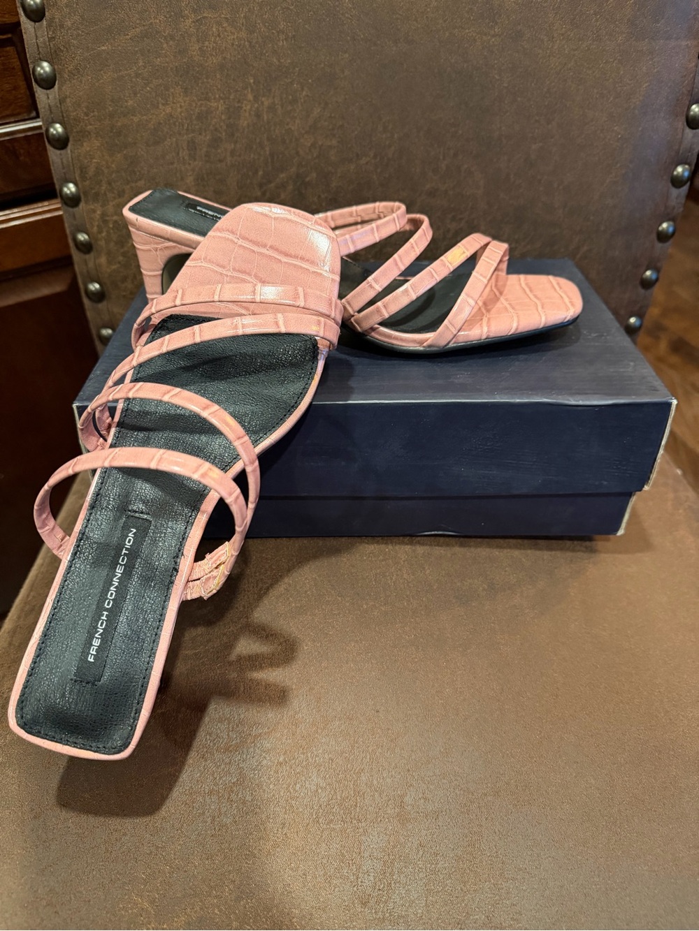 French Connection Pink Croc-Embossed Strappy Block Heel Mules
